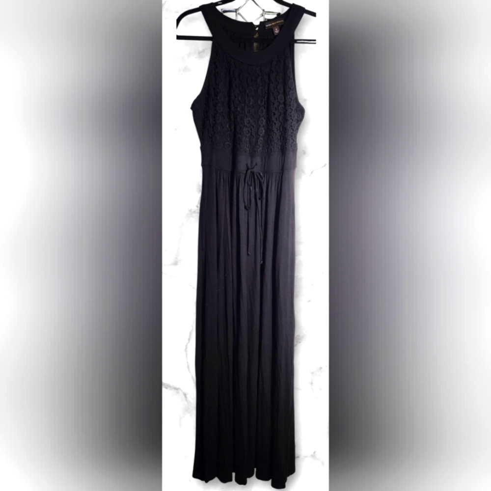 Dana Buchman black maxi dress has crochet bodice and a drawstring waist Size 10